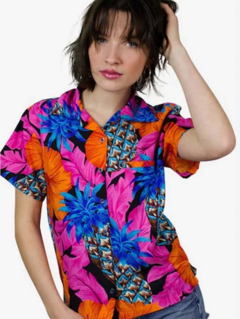 King Kameha Blouse 'Pineapple Hibiscus
Black Line' in Pink Small